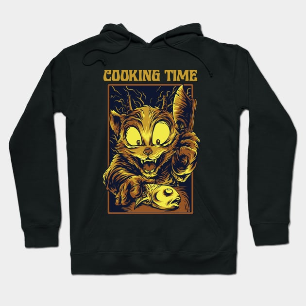 Cooking Time Cat Fish Illustration Hoodie by Mako Design 